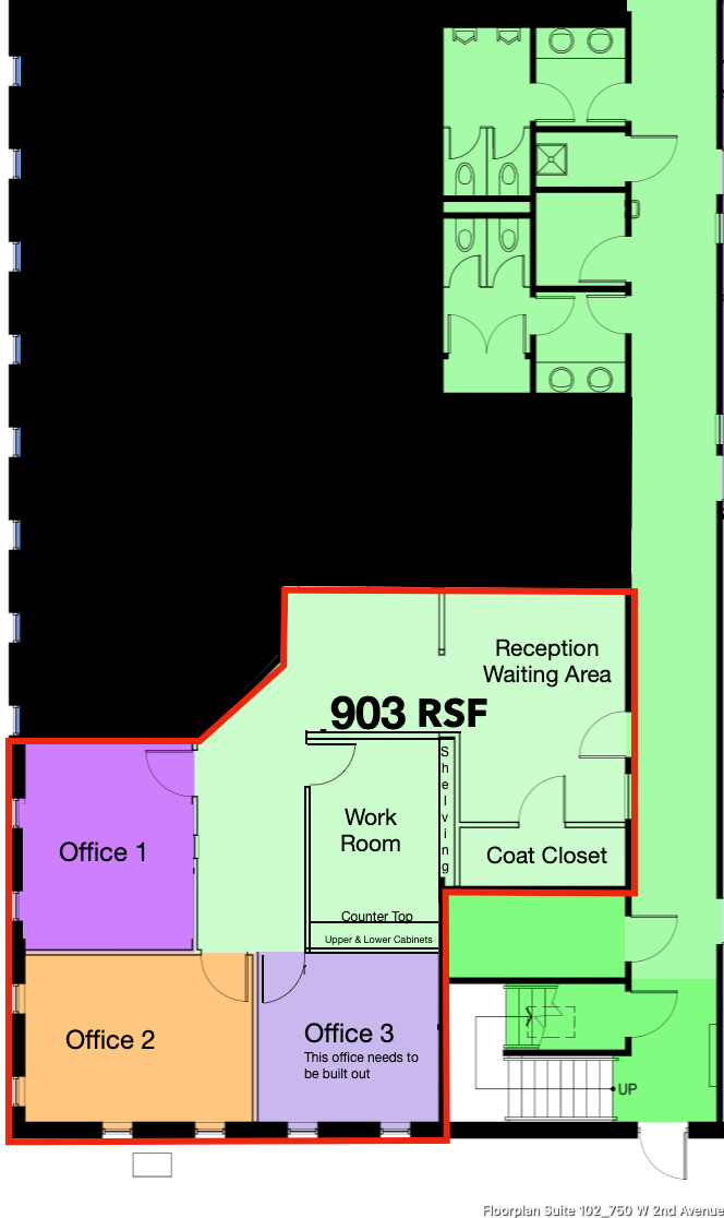 Floorplan of RSD Properties' Suite 101 in the 750 W 2nd Ave office building in Anchorage, Alaska.